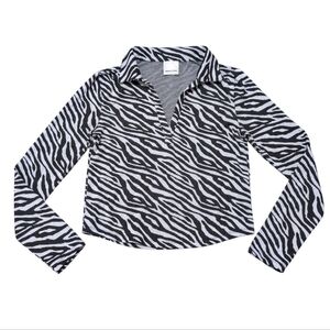 Industry Zebra Print Long Sleeve Collared Semi Crop Top Women's Small